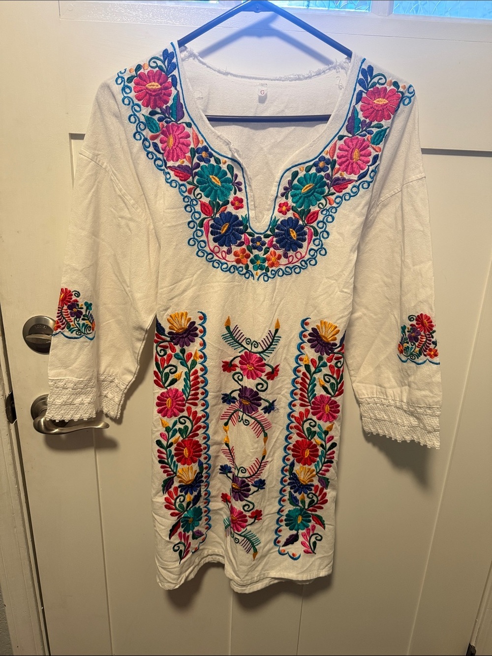White Embroidered Midi Dress with Multicolor Floral Motif - Picture 4 of 4
